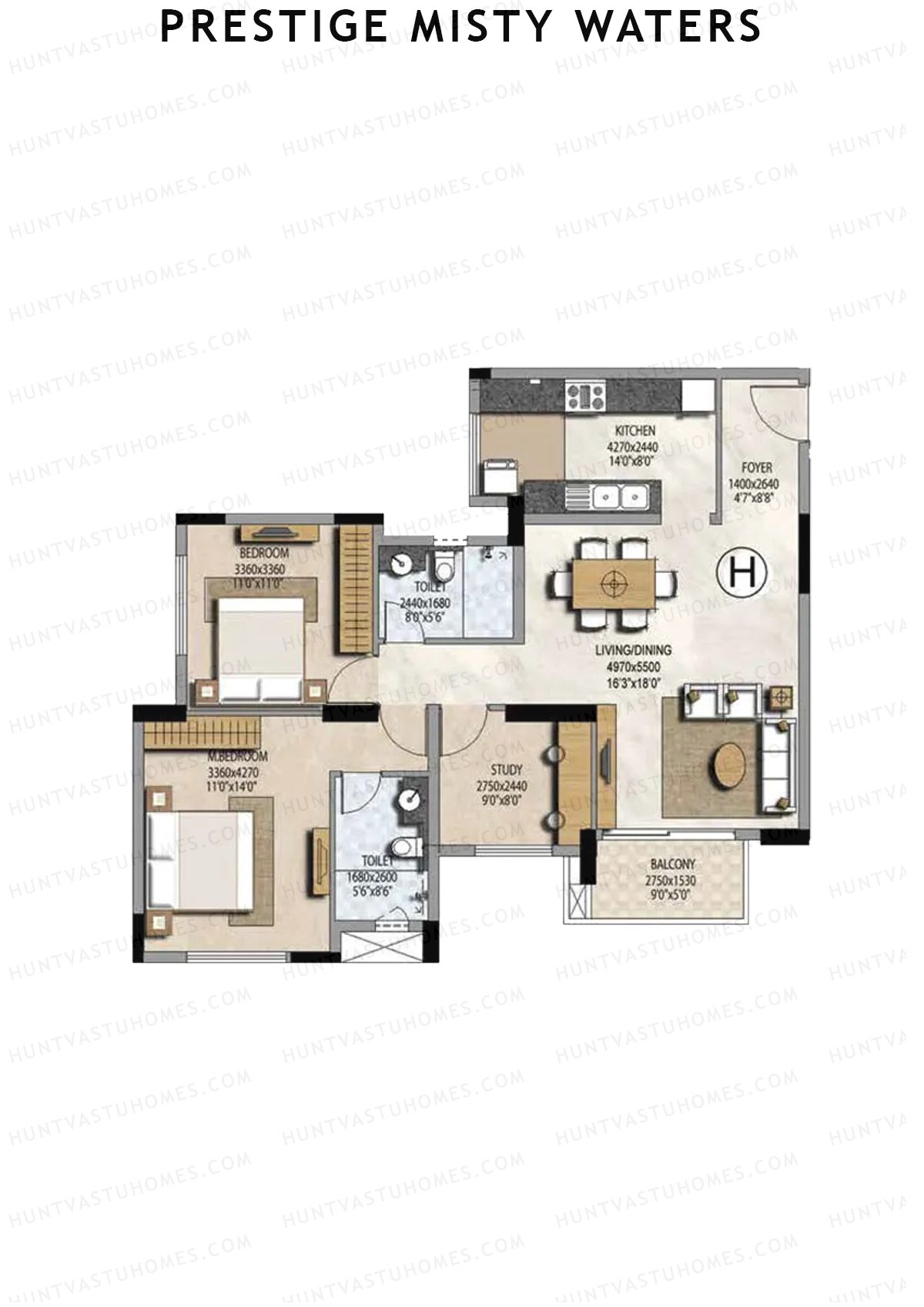 Prestige Misty Waters Tower 3 Unit 7 (Type H) Floor Plan