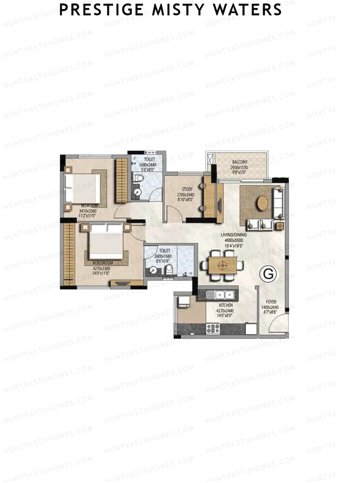 Prestige Misty Waters Tower 3 Unit 8 (Type G) Floor Plan