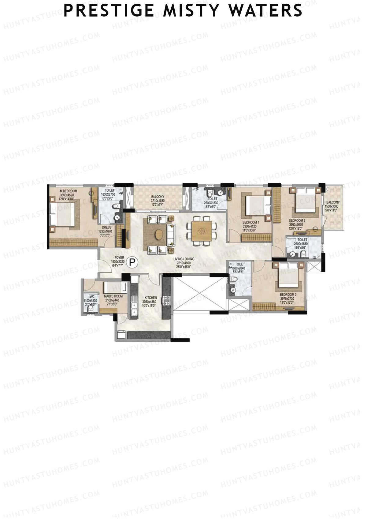 Prestige Misty Waters Tower 4 Unit 2 (Type P) Floor Plan
