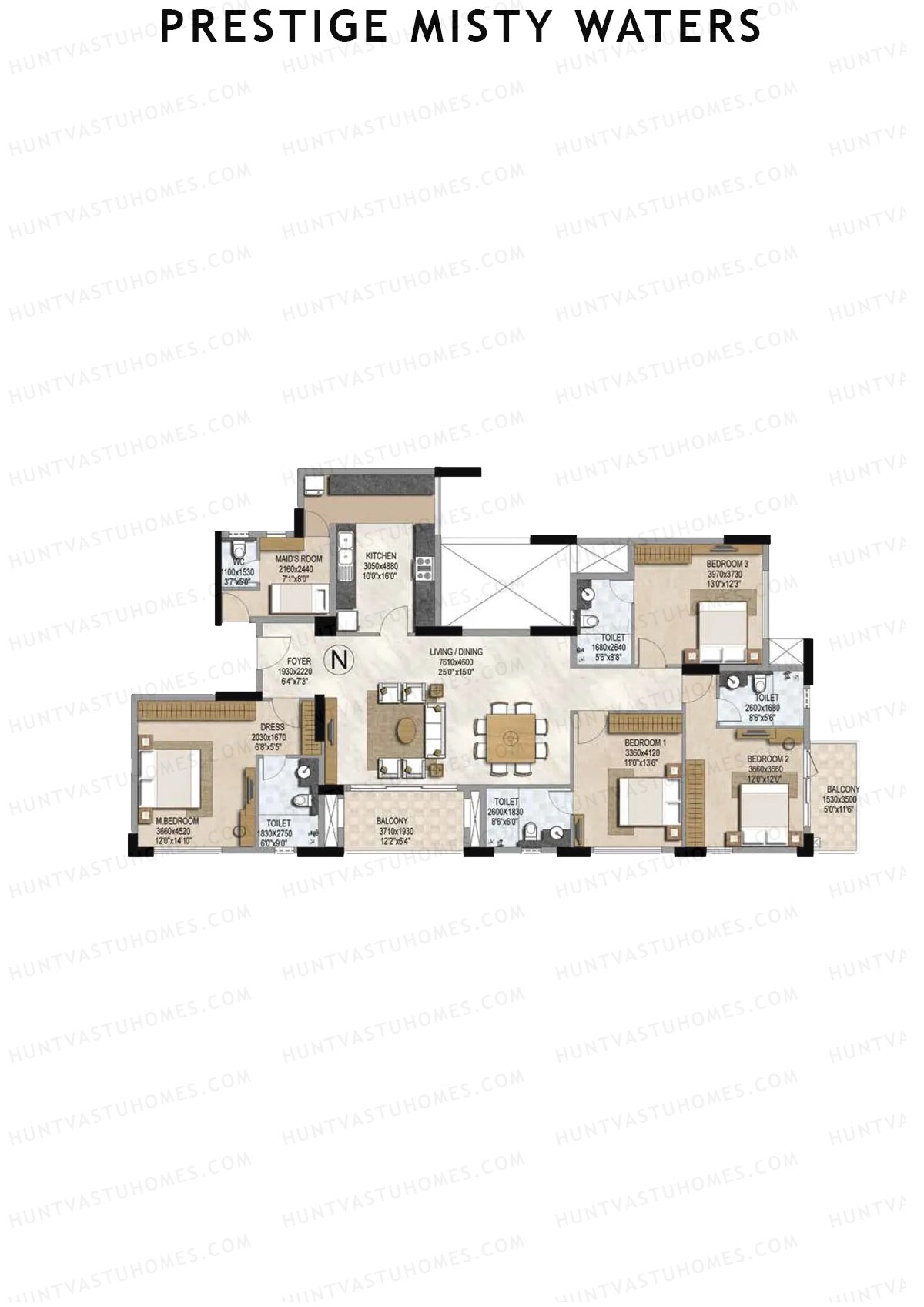 Prestige Misty Waters Tower 4 Unit 3 (Type N) Floor Plan
