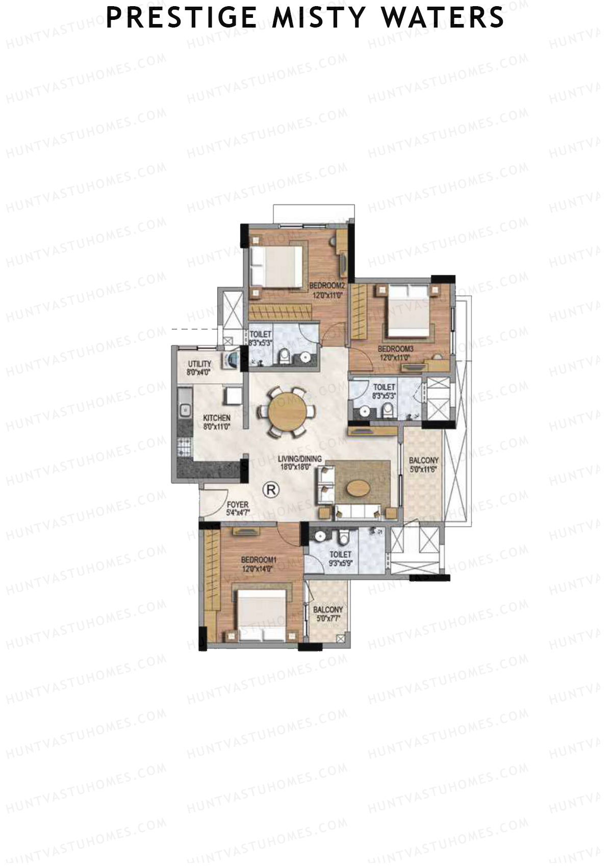 Prestige Misty Waters Tower 5 Unit 1 (Type R) Floor Plan