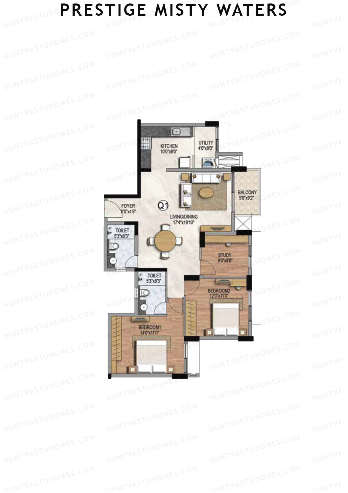 Prestige Misty Waters Tower 5 Unit 2 (Type Q1) Floor Plan