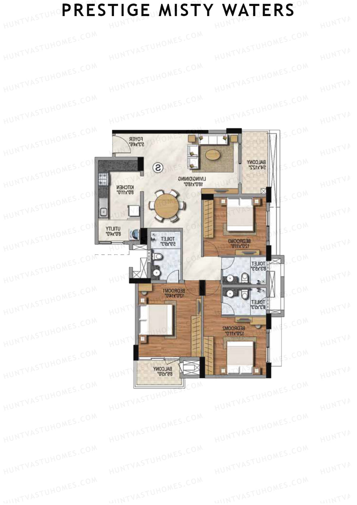 Prestige Misty Waters Tower 5 Unit 3 (Type S) Floor Plan