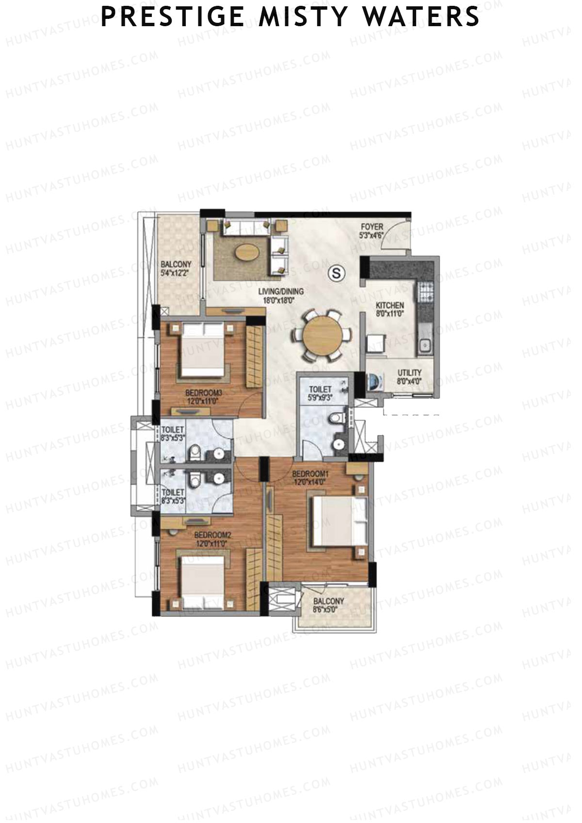 Prestige Misty Waters Tower 5 Unit 4 (Type S) Floor Plan