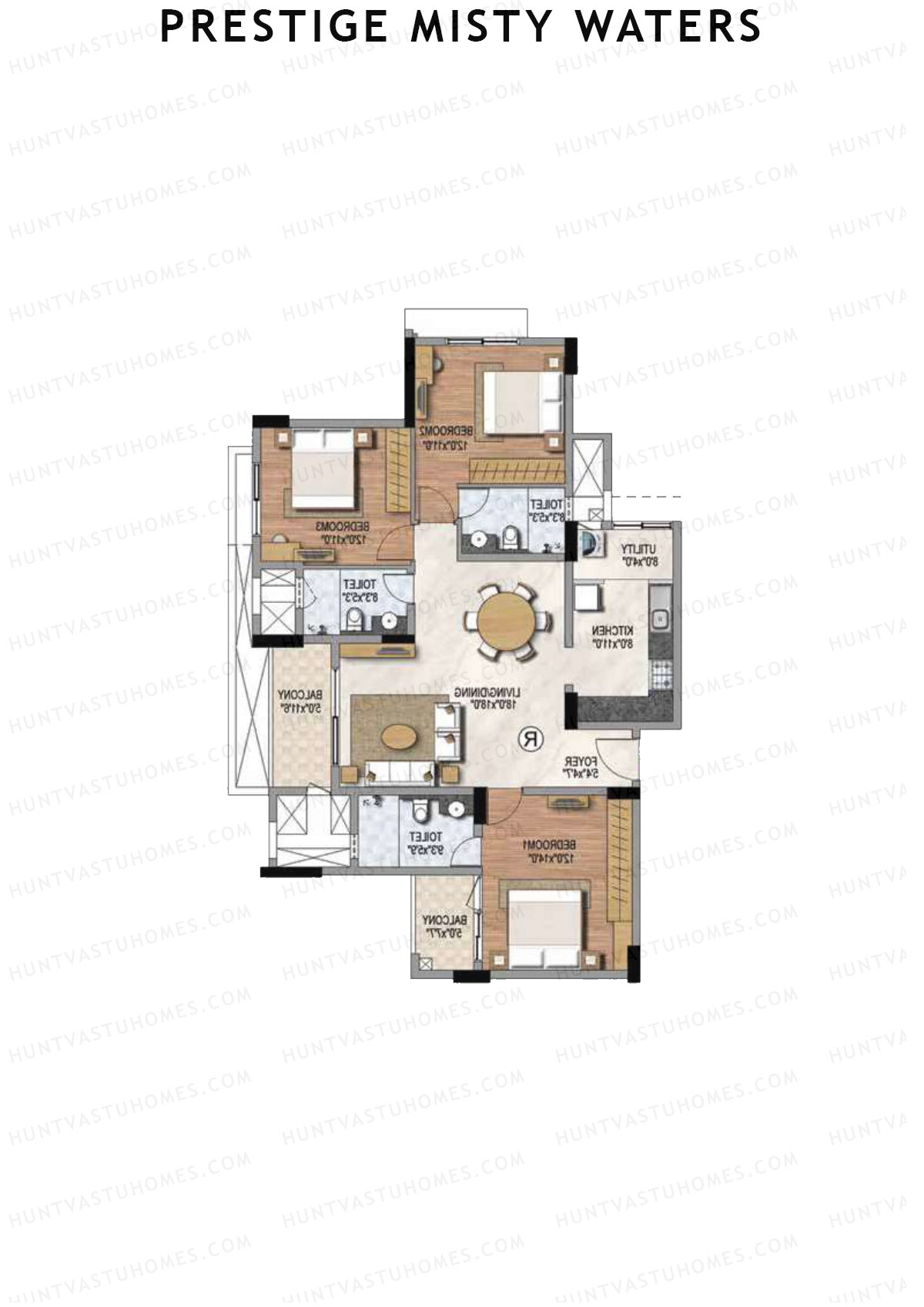 Prestige Misty Waters Tower 5 Unit 6 (Type R) Floor Plan