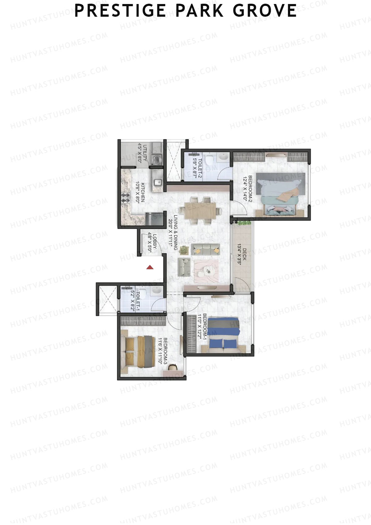 Prestige Park Grove, Tower 10, Unit 3 (Type C1), 3BHK, Super Area 1414   sq ft 
