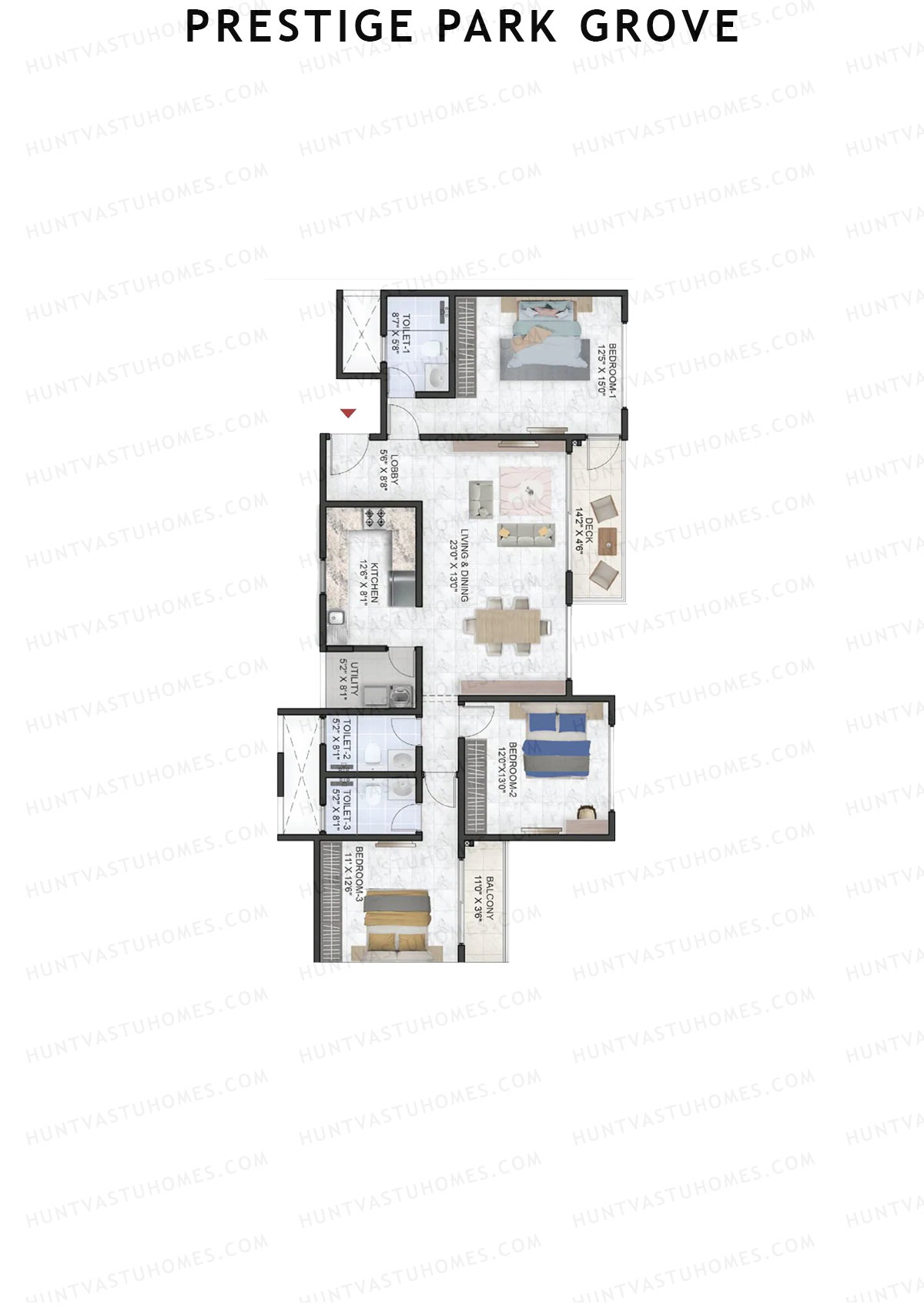 Prestige Park Grove, Tower 10, Unit 5 (Type D3), 3BHK, Super Area 1820   sq ft 