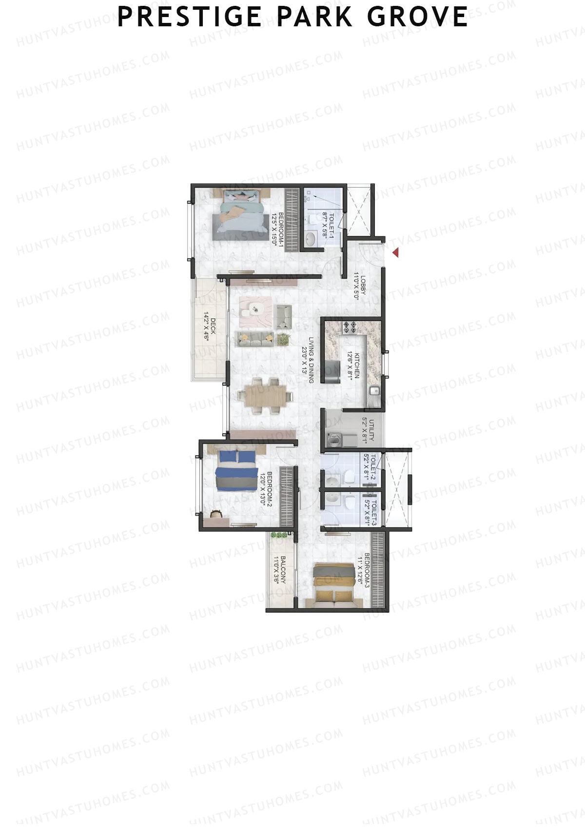 Prestige Park Grove, Tower 10, Unit 6 (Type D4), 3BHK, Super Area 1855   sq ft 