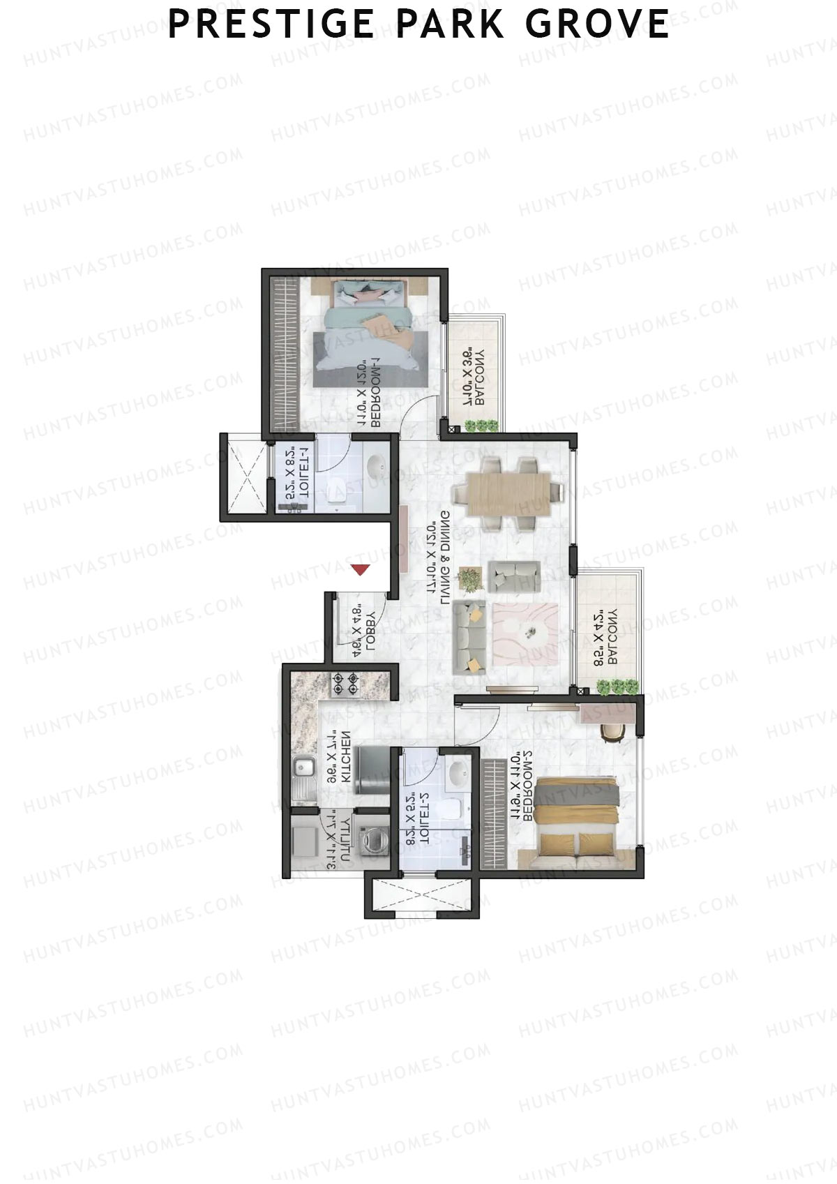 Prestige Park Grove, Tower 12, Unit 1 (Type B2), 2BHK, Super Area 1114   sq ft 