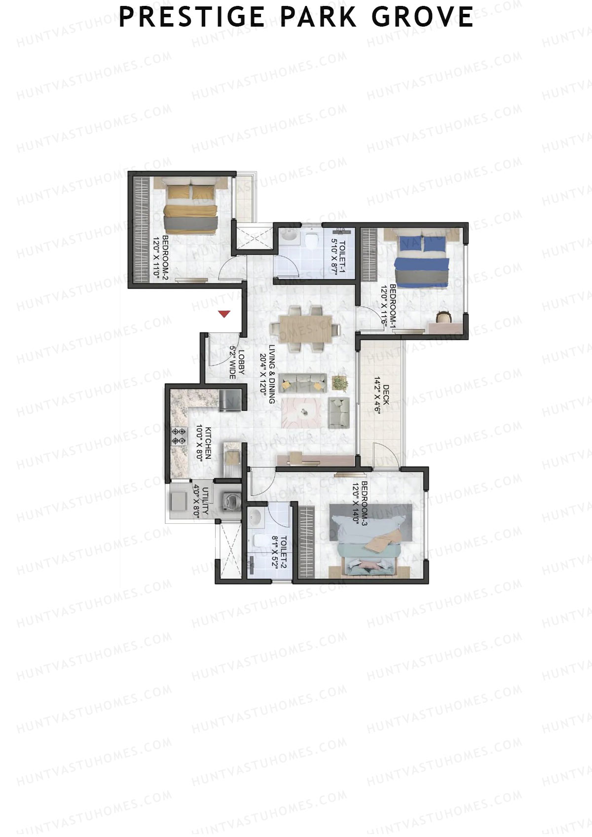 Prestige Park Grove, Tower 12, Unit 2 (Type C5), 3BHK, Super Area 1460   sq ft 