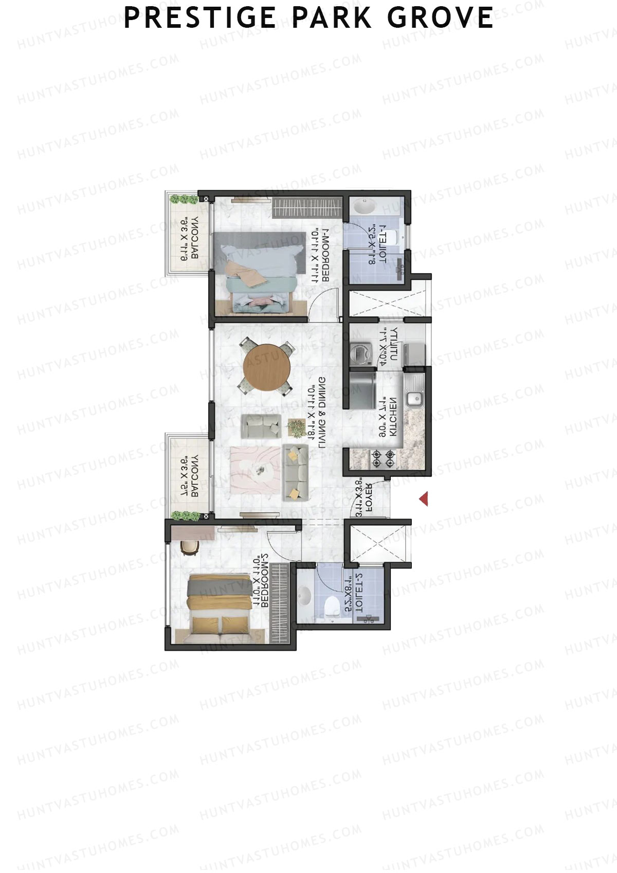 Prestige Park Grove, Tower 12, Unit 4 (Type B1), 2BHK, Super Area 1067   sq ft 
