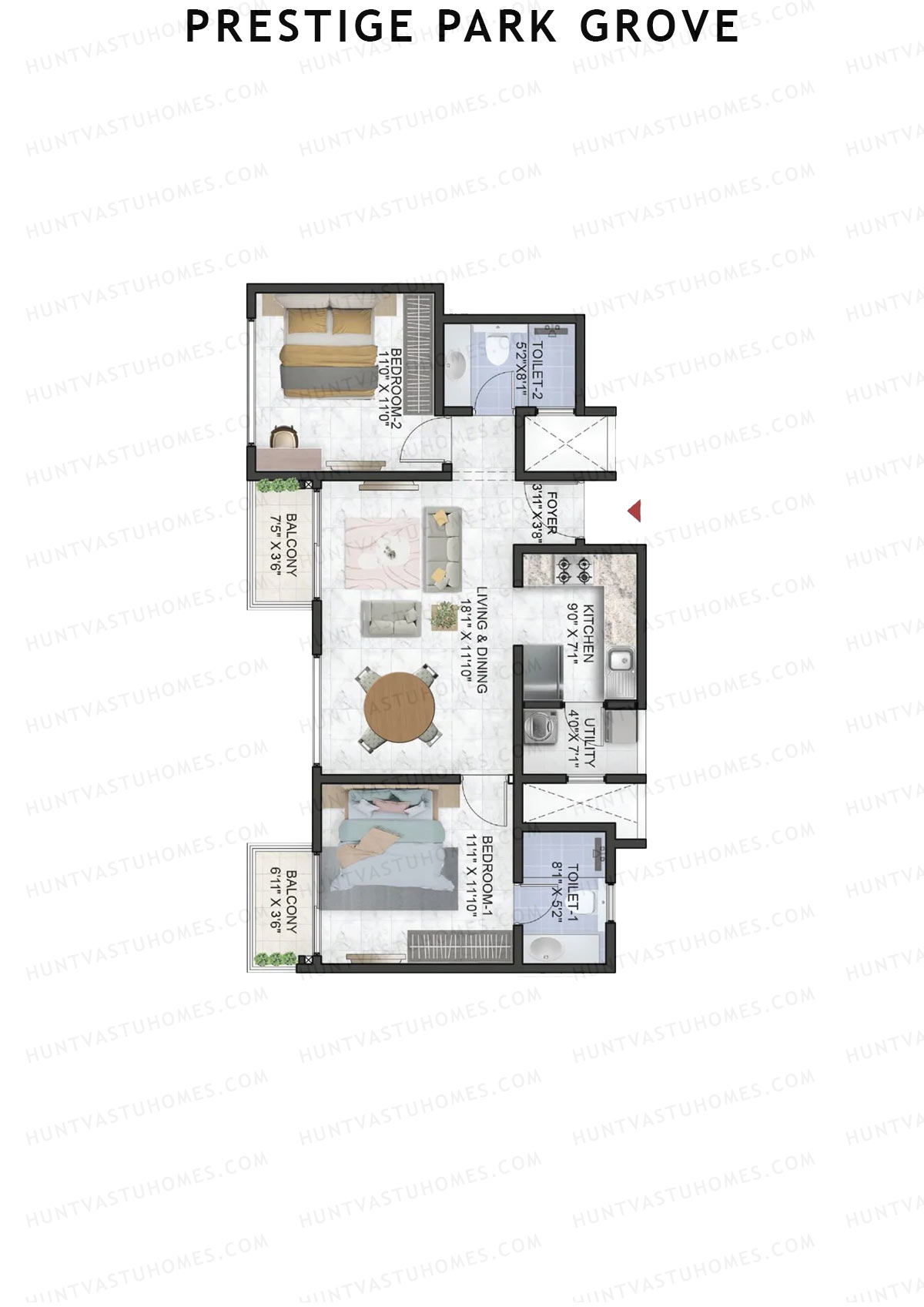 Prestige Park Grove, Tower 12, Unit 5 (Type B1), 2BHK, Super Area 1067   sq ft 