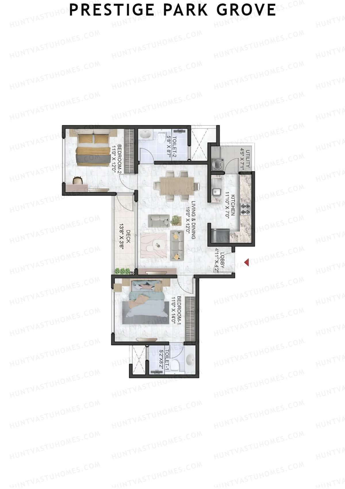 Prestige Park Grove, Tower 12, Unit 6 (Type B3), 2BHK, Super Area 1150   sq ft 