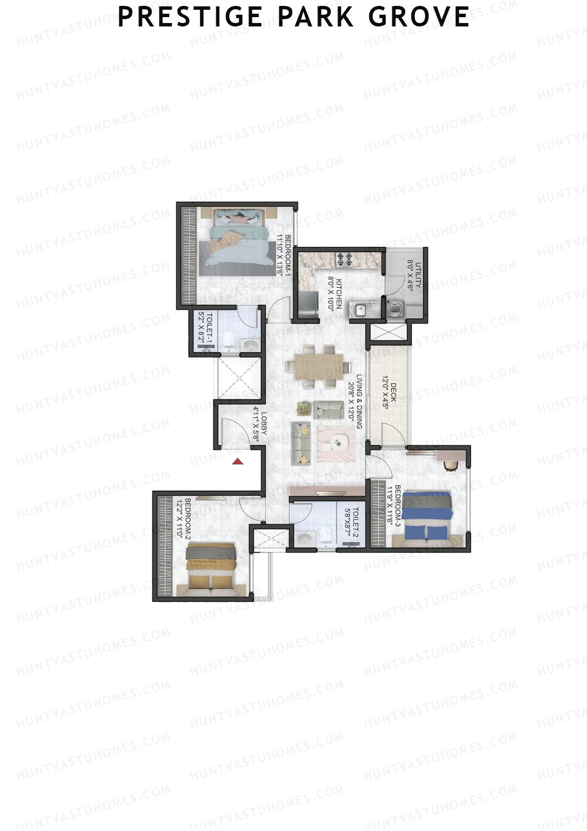 Prestige Park Grove, Tower 12, Unit 7 (Type C2), 3BHK, Super Area 1428   sq ft 