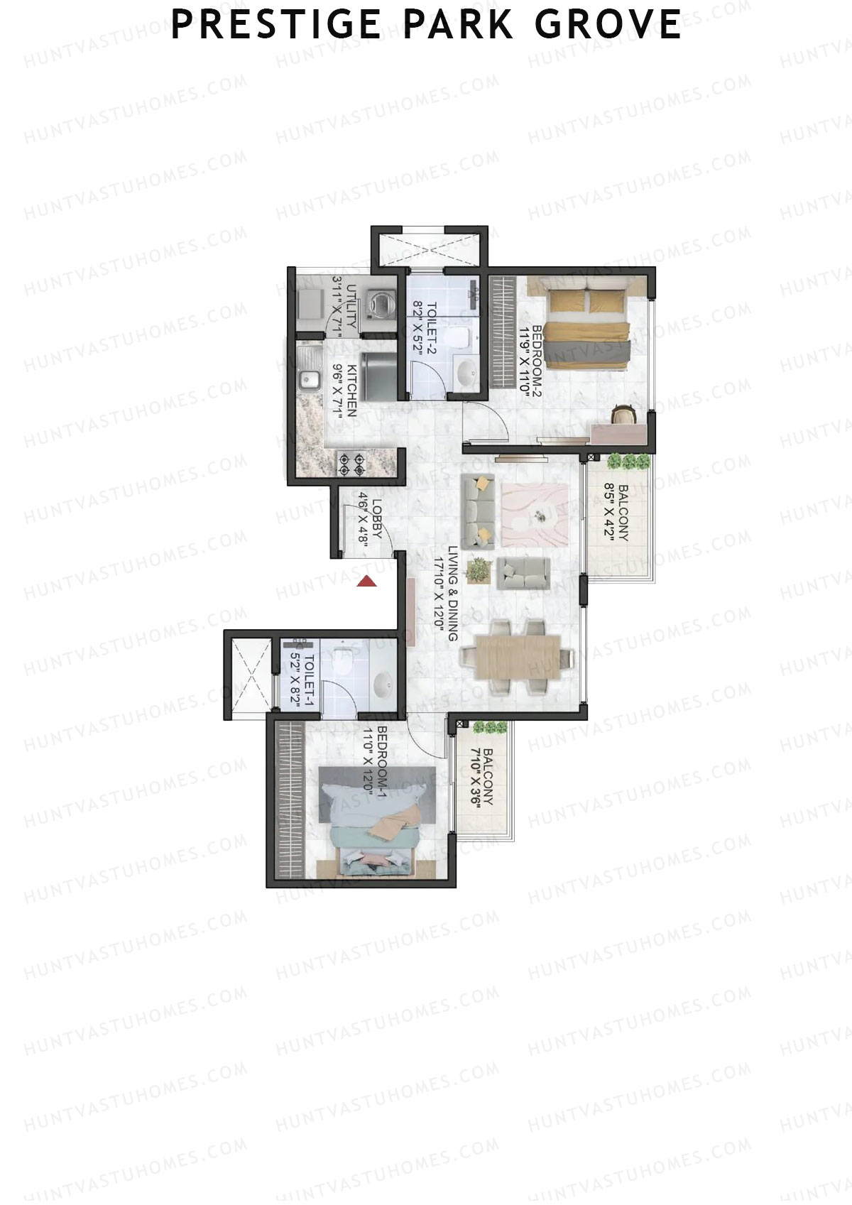 Prestige Park Grove, Tower 12, Unit 8 (Type B2), 2BHK, Super Area 1114   sq ft 