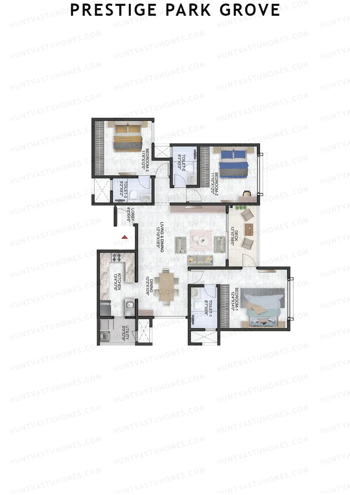 Prestige Park Grove, Tower 14, Unit 1 (Type D1), 3BHK, Super Area 1784   sq ft 