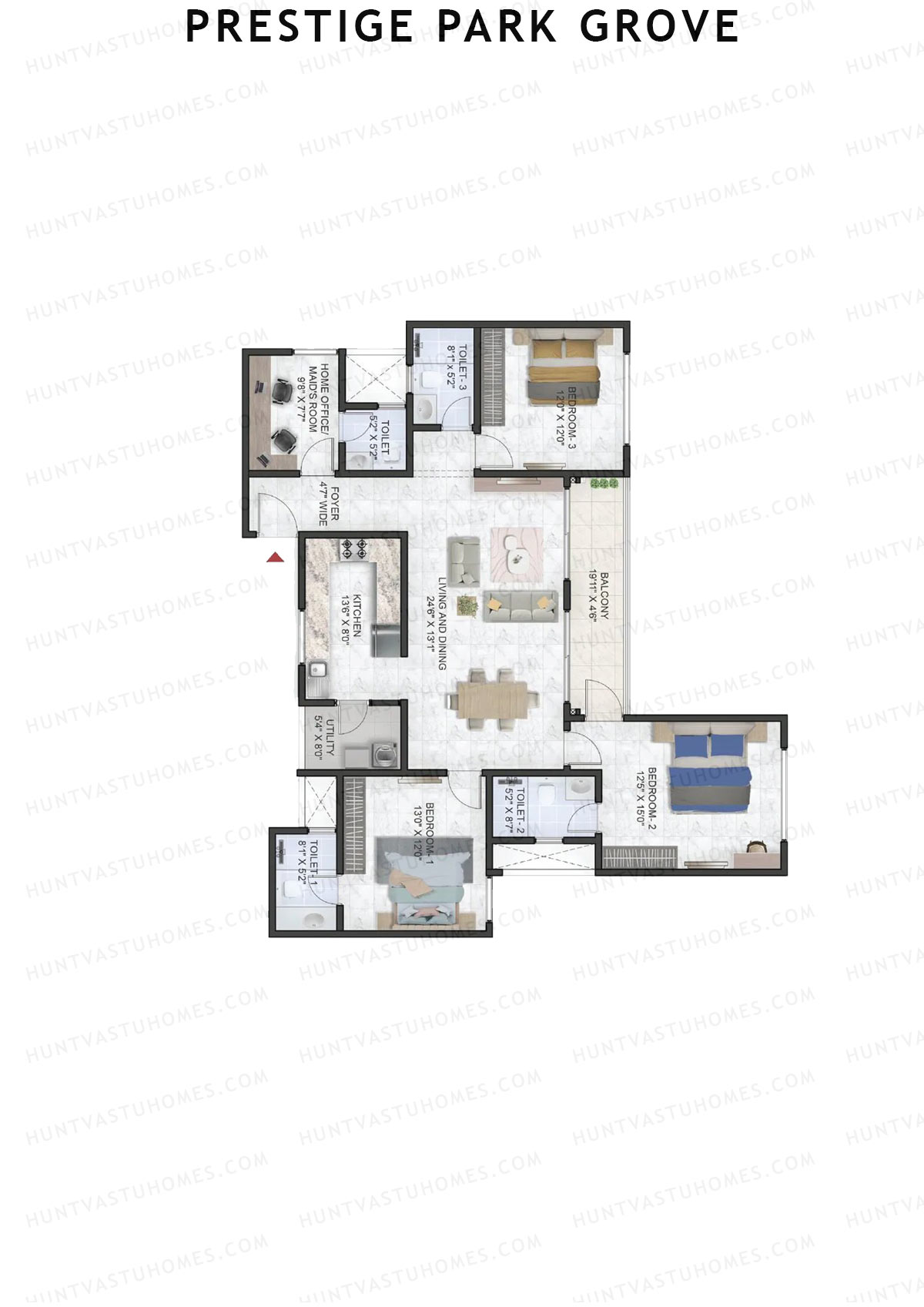 Prestige Park Grove, Tower 15, Unit 5 (Type E1), 3BHK, Super Area 1960   sq ft 