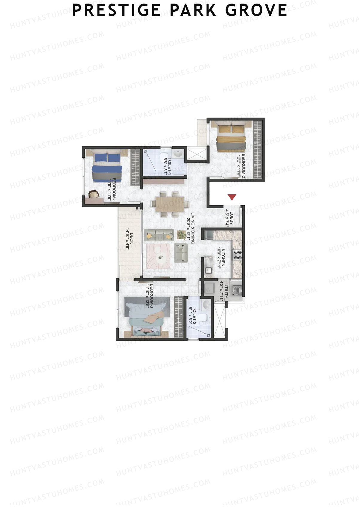 Prestige Park Grove, Tower 17, Unit 3 (Type C3), 3BHK, Super Area 1458   sq ft 