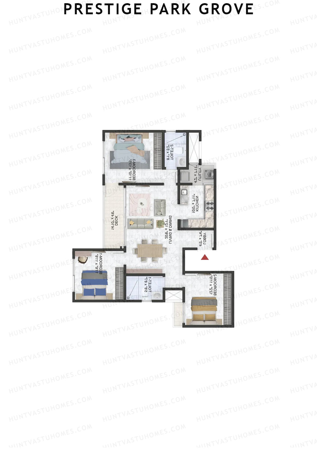Prestige Park Grove, Tower 17, Unit 4 (Type C3), 3BHK, Super Area 1458   sq ft 