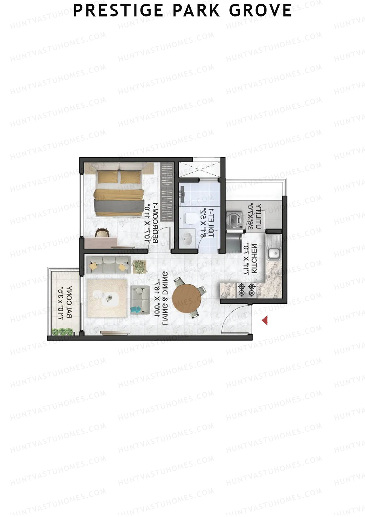 Prestige Park Grove, Tower 19, Unit 2 (Type A1), 1BHK, Super Area 658   sq ft 