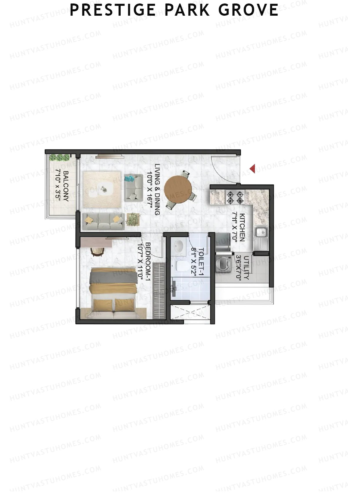 Prestige Park Grove, Tower 19, Unit 3 (Type A1), 1BHK, Super Area 658   sq ft 
