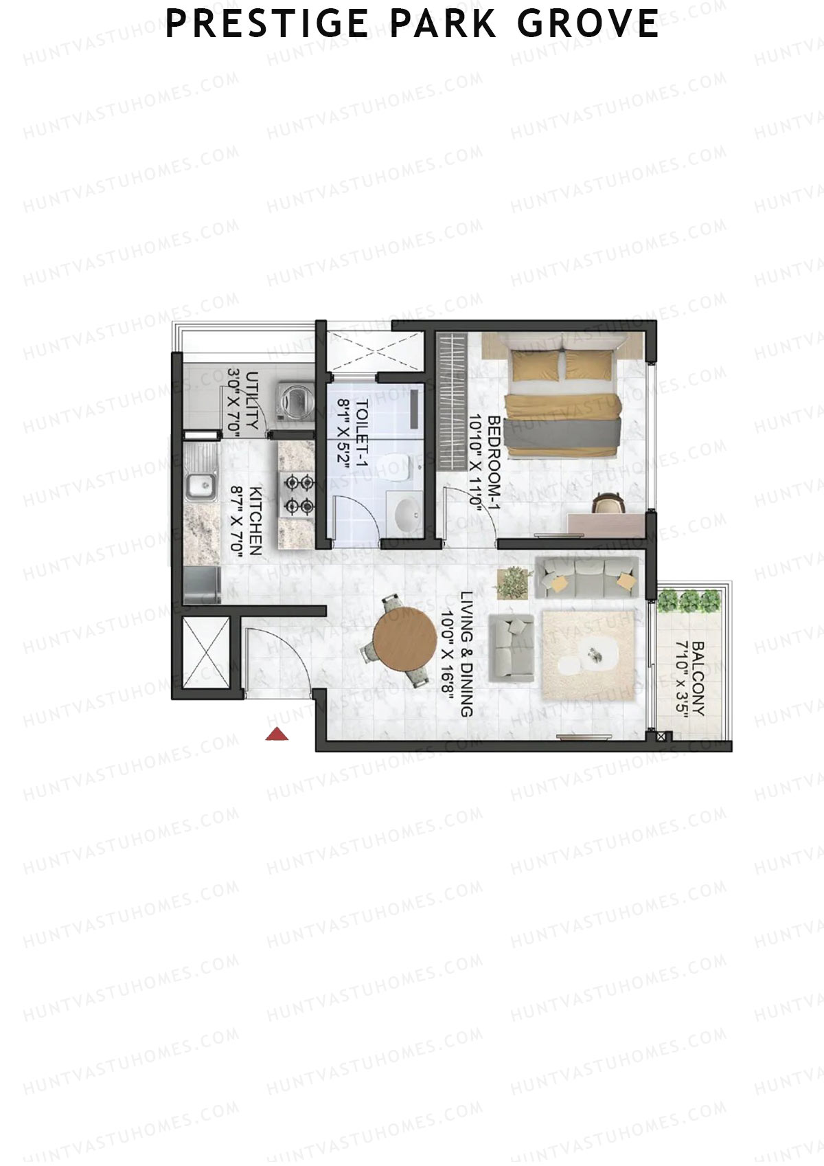 Prestige Park Grove, Tower 19, Unit 7 (Type A2), 1BHK, Super Area 674   sq ft 