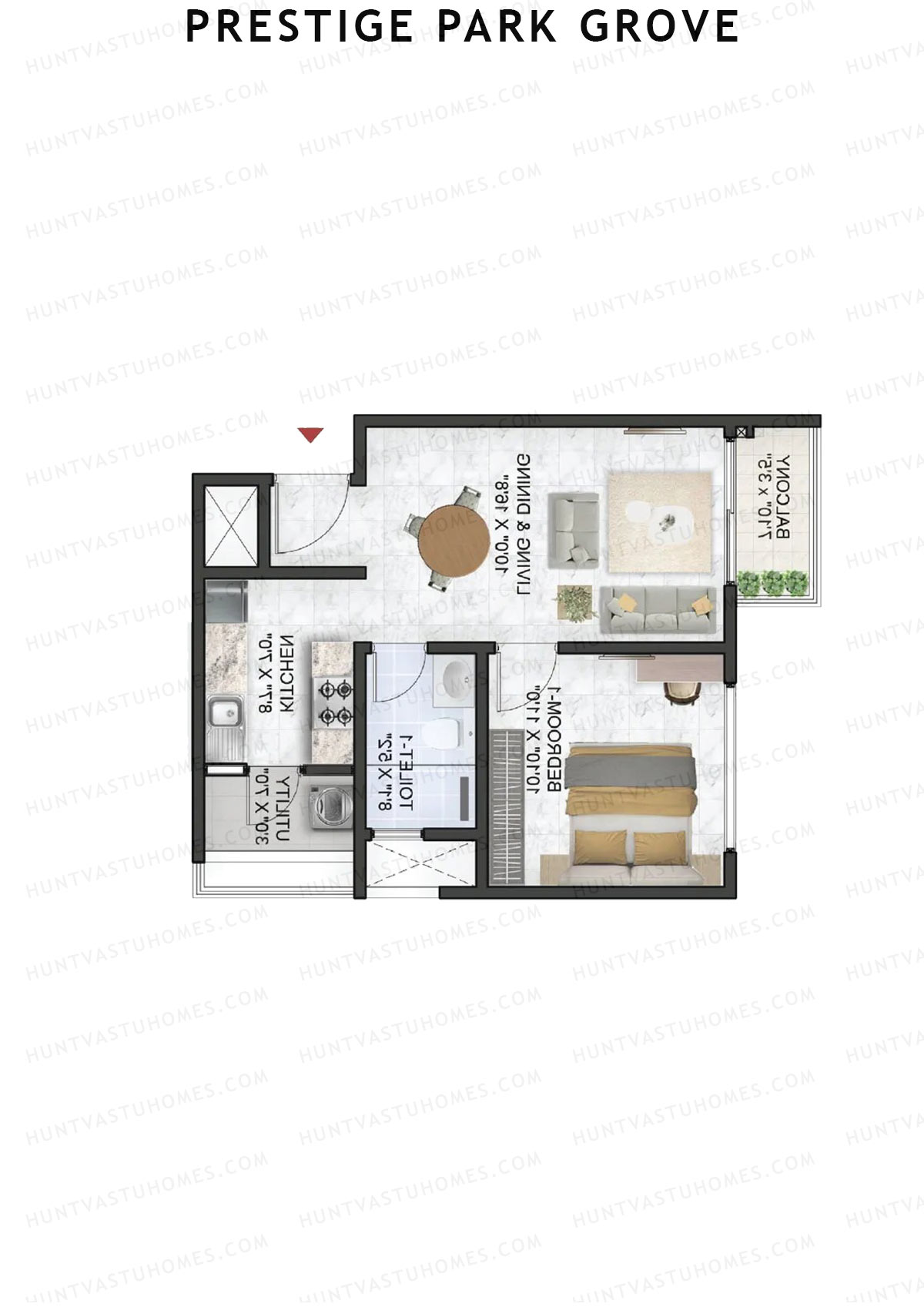 Prestige Park Grove, Tower 19, Unit 8 (Type A2), 1BHK, Super Area 674   sq ft 