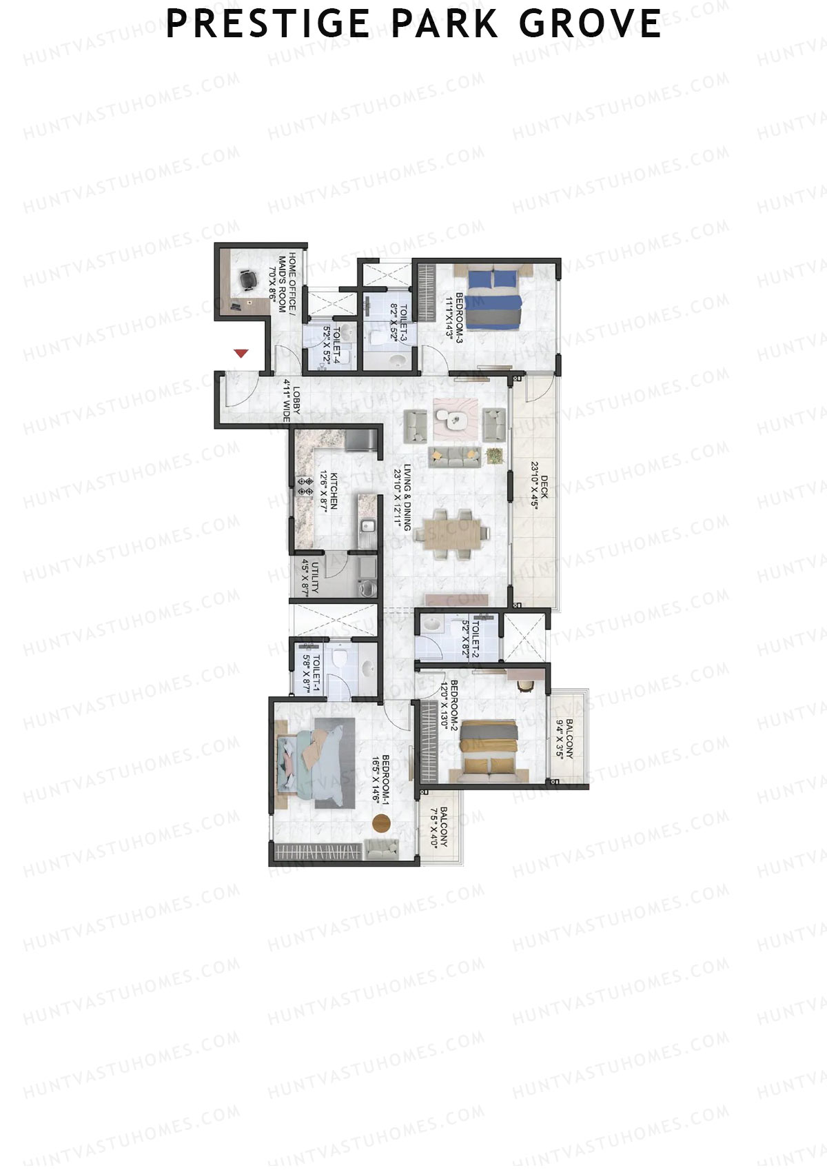 Prestige Park Grove, Tower 9, Unit 2 (Type E7), 3BHK, Super Area 2204   sq ft 