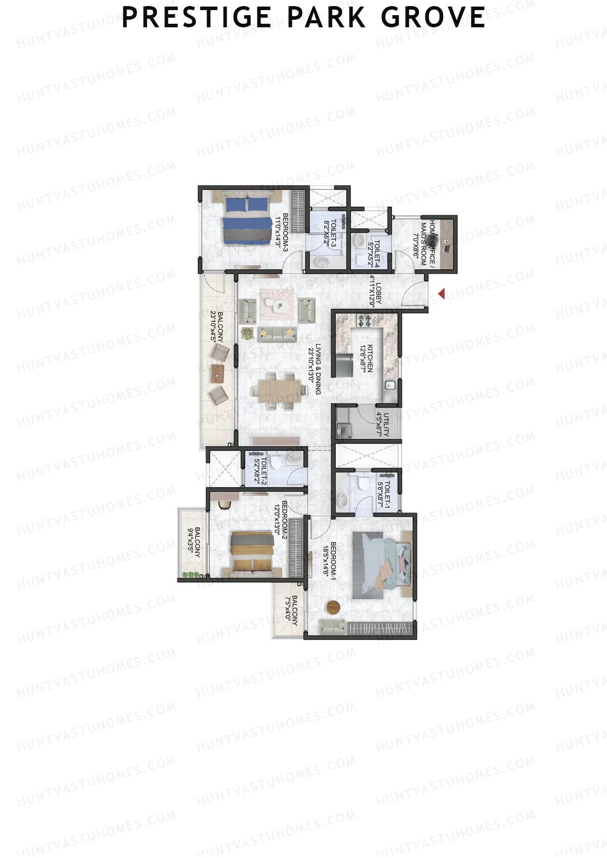 Prestige Park Grove, Tower 9, Unit 3 (Type E5), 3BHK, Super Area 2143   sq ft 