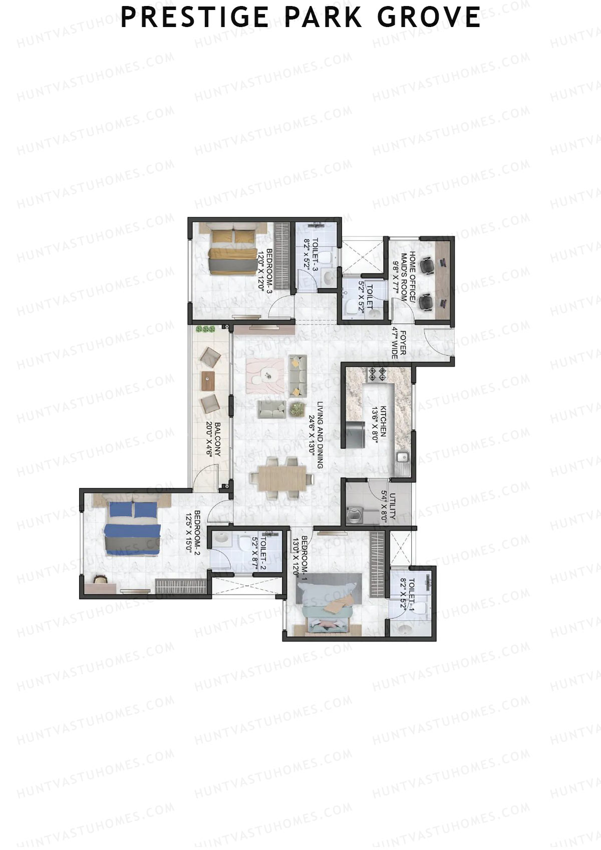 Prestige Park Grove, Tower 9, Unit 4 (Type E2), 3BHK, Super Area 1960   sq ft 
