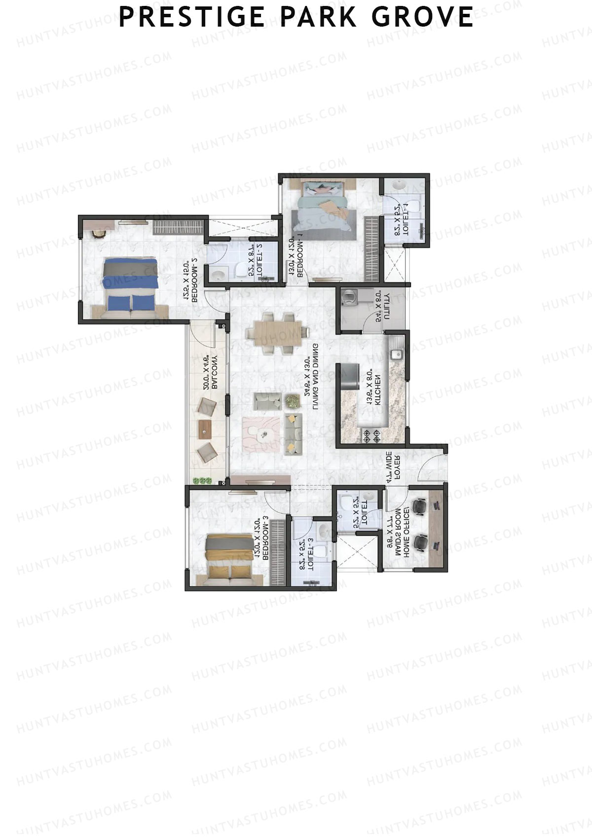 Prestige Park Grove, Tower 9, Unit 5 (Type E2), 3BHK, Super Area 1960   sq ft 