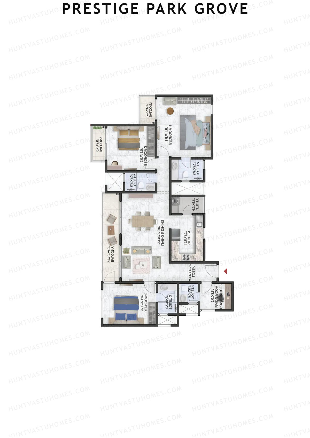 Prestige Park Grove, Tower 9, Unit 6 (Type E5), 3BHK, Super Area 2143   sq ft 