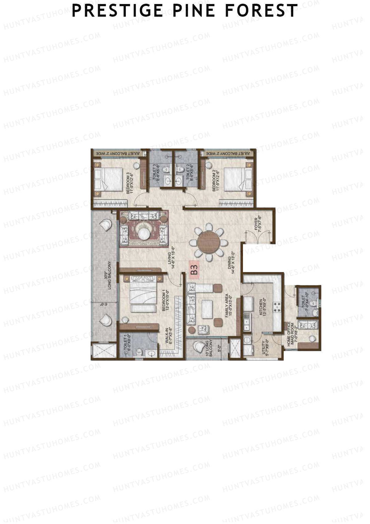 Prestige Pine Forest Tower 1 Unit 1 (Type B3) Floor Plan