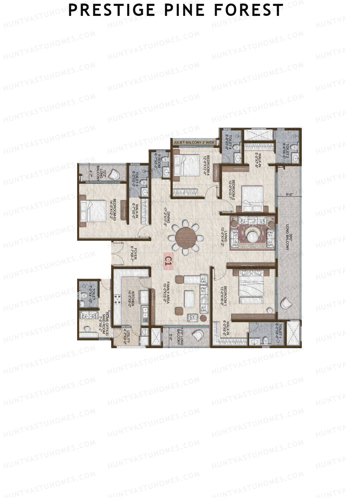Prestige Pine Forest Tower 4 Unit 3 (Type C1) Floor Plan