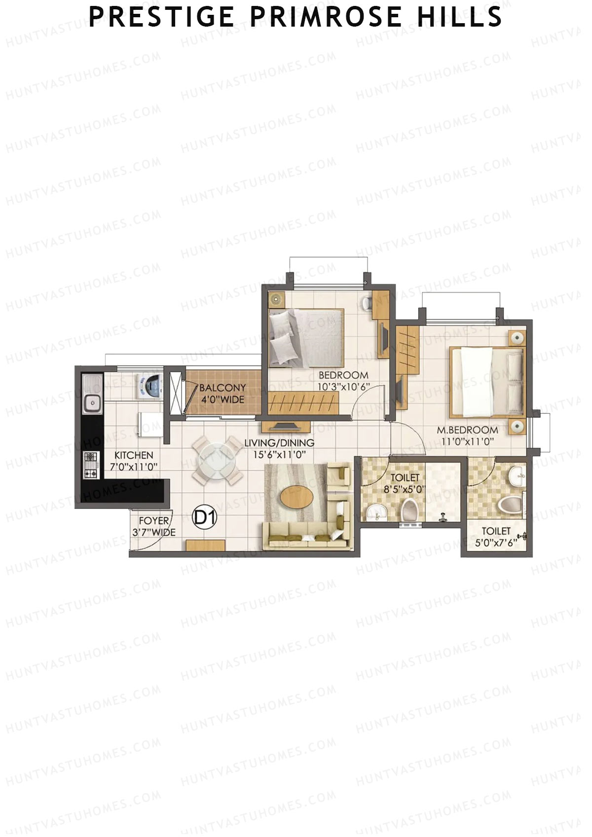 Prestige Primrose Hills Tower 1 Unit 1 (Type D1) Floor Plan