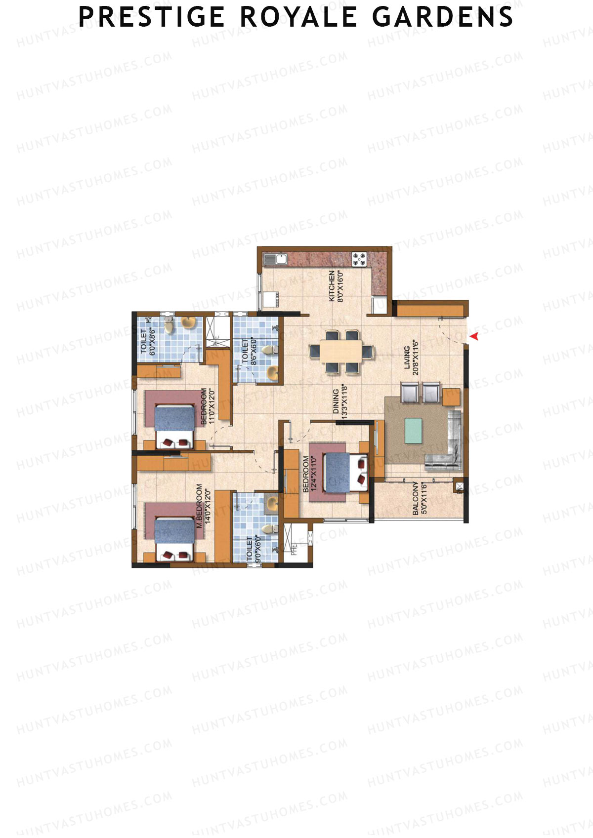 Prestige Royale Gardens Tower 8 Unit 2 (Type K) Floor Plan