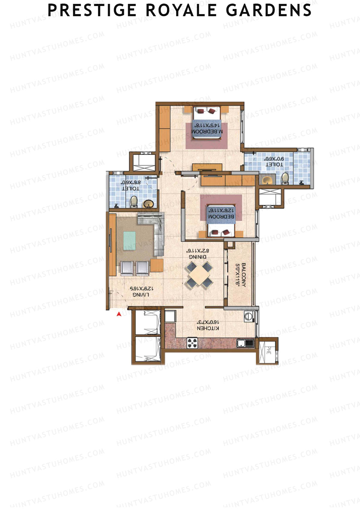 Prestige Royale Gardens Tower 8 Unit 4 (Type E) Floor Plan