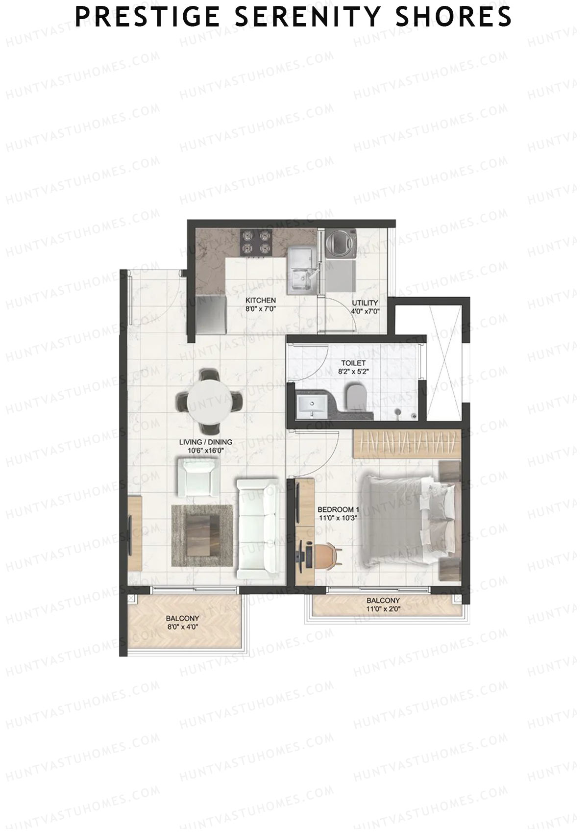 Prestige Serenity Shores Tower 4 Unit 5 (Type A1) Floor Plan