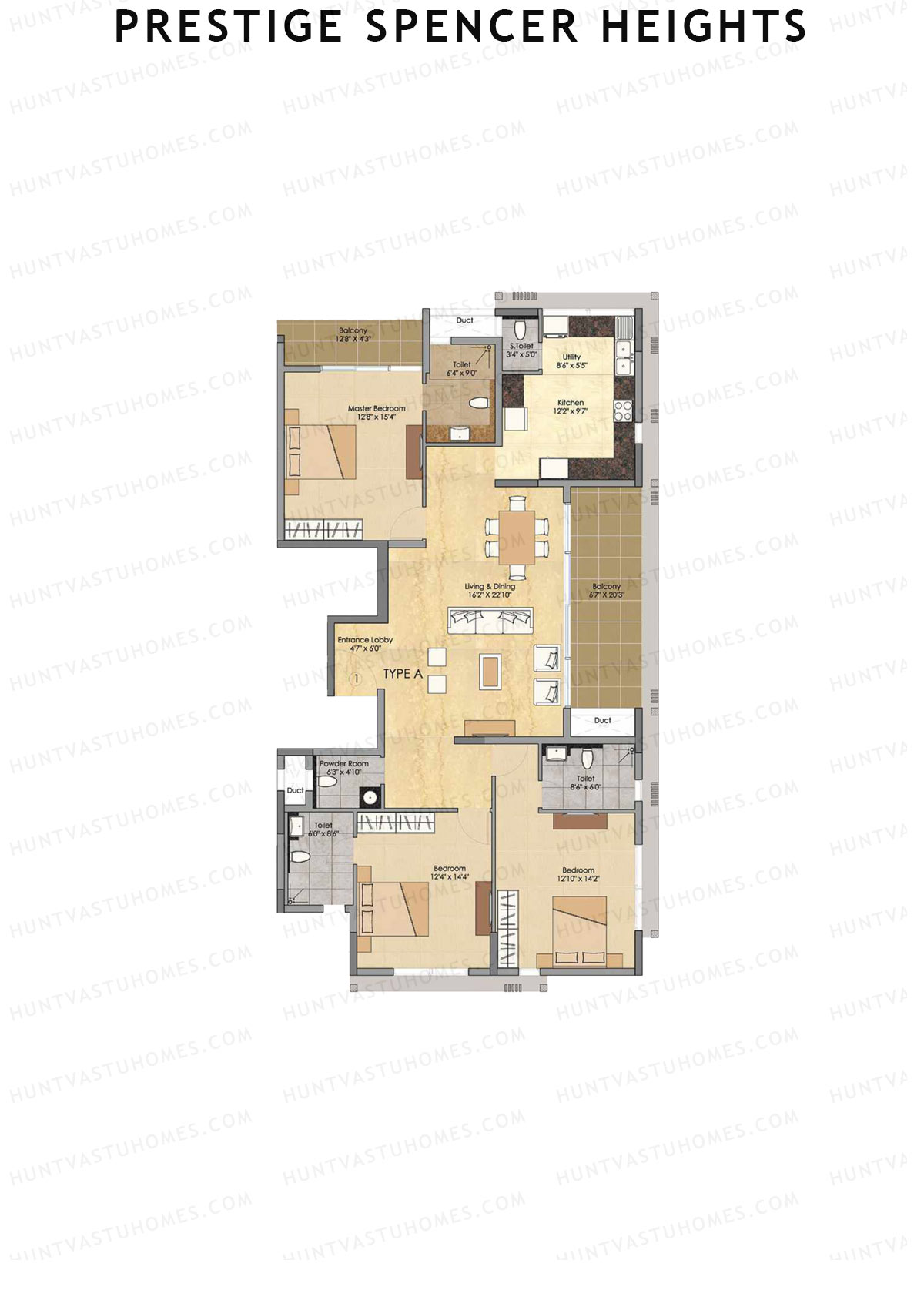 Prestige Spencer Heights, Tower 1, Unit 1 (Type A), 3BHK, Super Area 2372   sq ft 