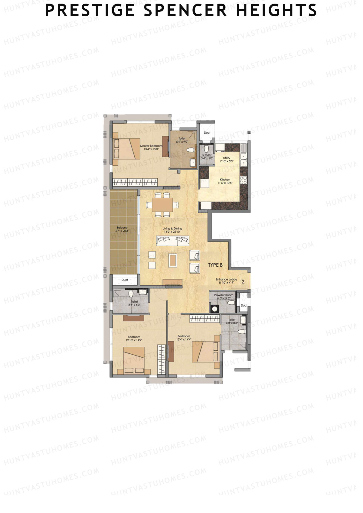 Prestige Spencer Heights, Tower 1, Unit 2 (Type B), 3BHK, Super Area 2387   sq ft 