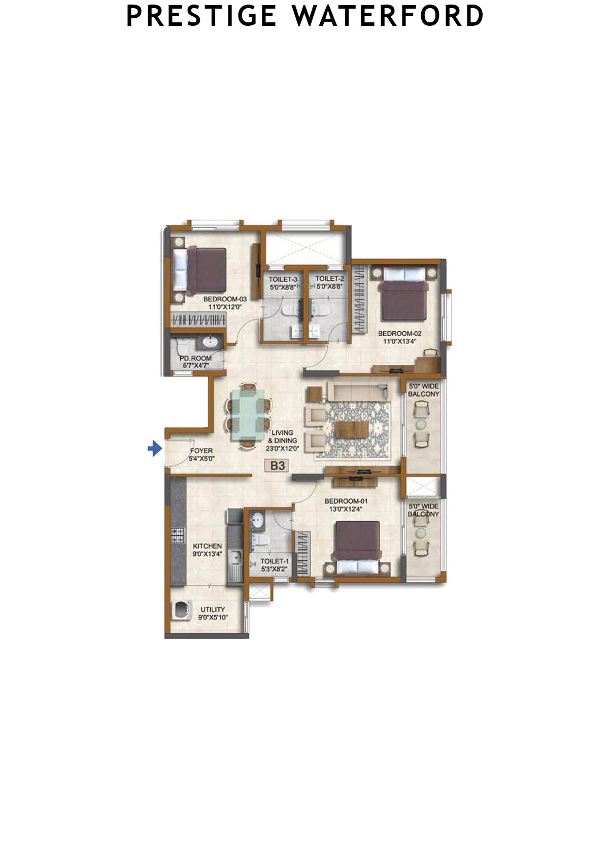 Prestige Waterford Tower 1 Unit 4 (Type  B3) Floor Plan