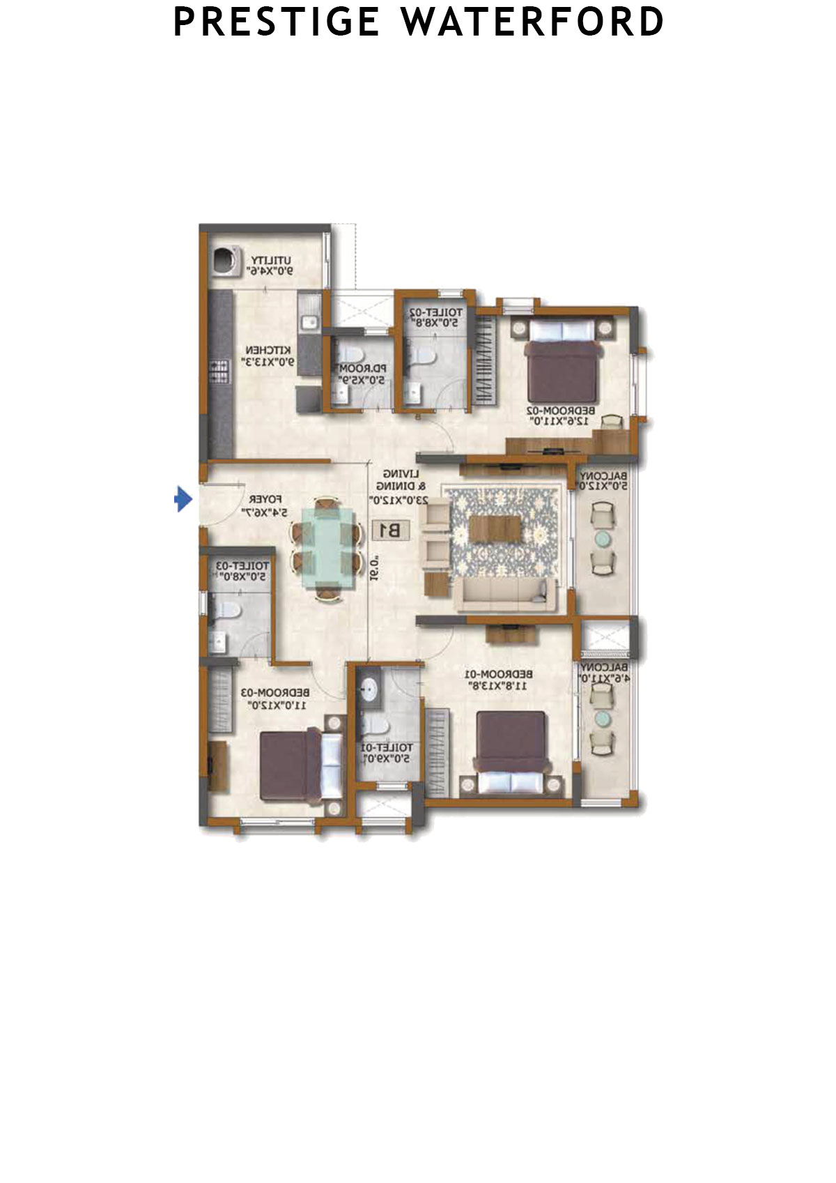 Prestige Waterford Tower 1 Unit 5 (Type  B1) Floor Plan