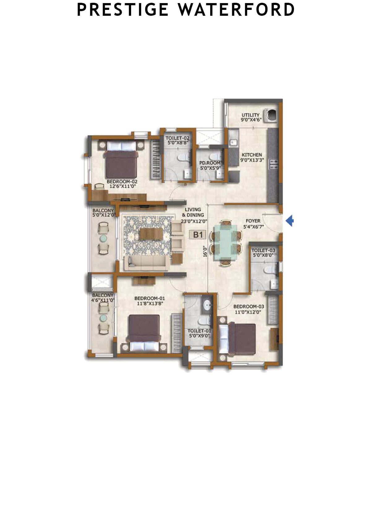 Prestige Waterford Tower 1 Unit 6 (Type  B1) Floor Plan