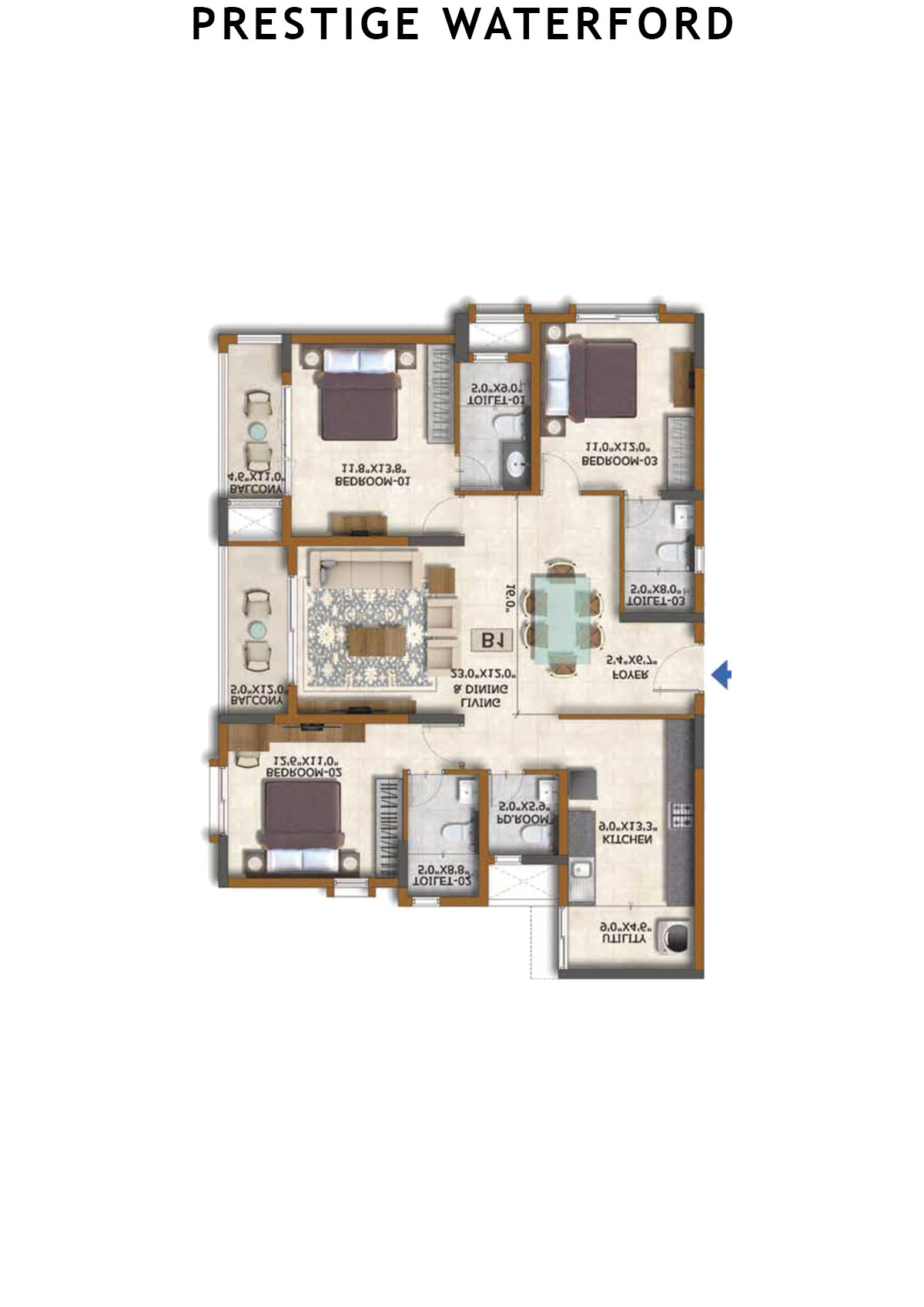 Prestige Waterford Tower 2 Unit 1 (Type B1) Floor Plan
