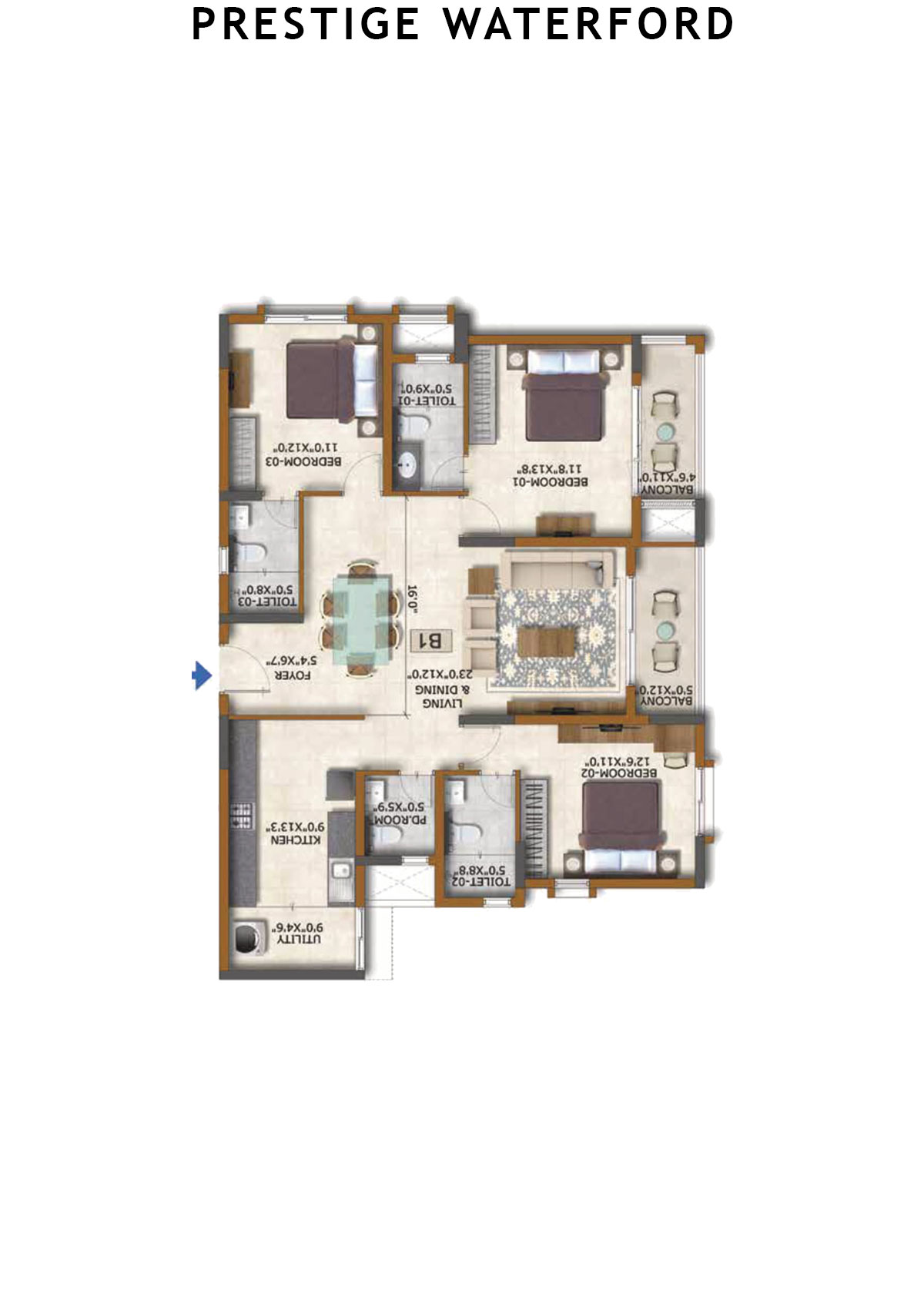 Prestige Waterford Tower 2 Unit 2 (Type B1) Floor Plan