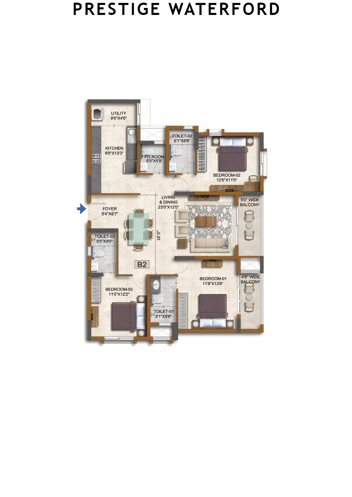 Prestige Waterford Tower 2 Unit 3 (Type B2) Floor Plan