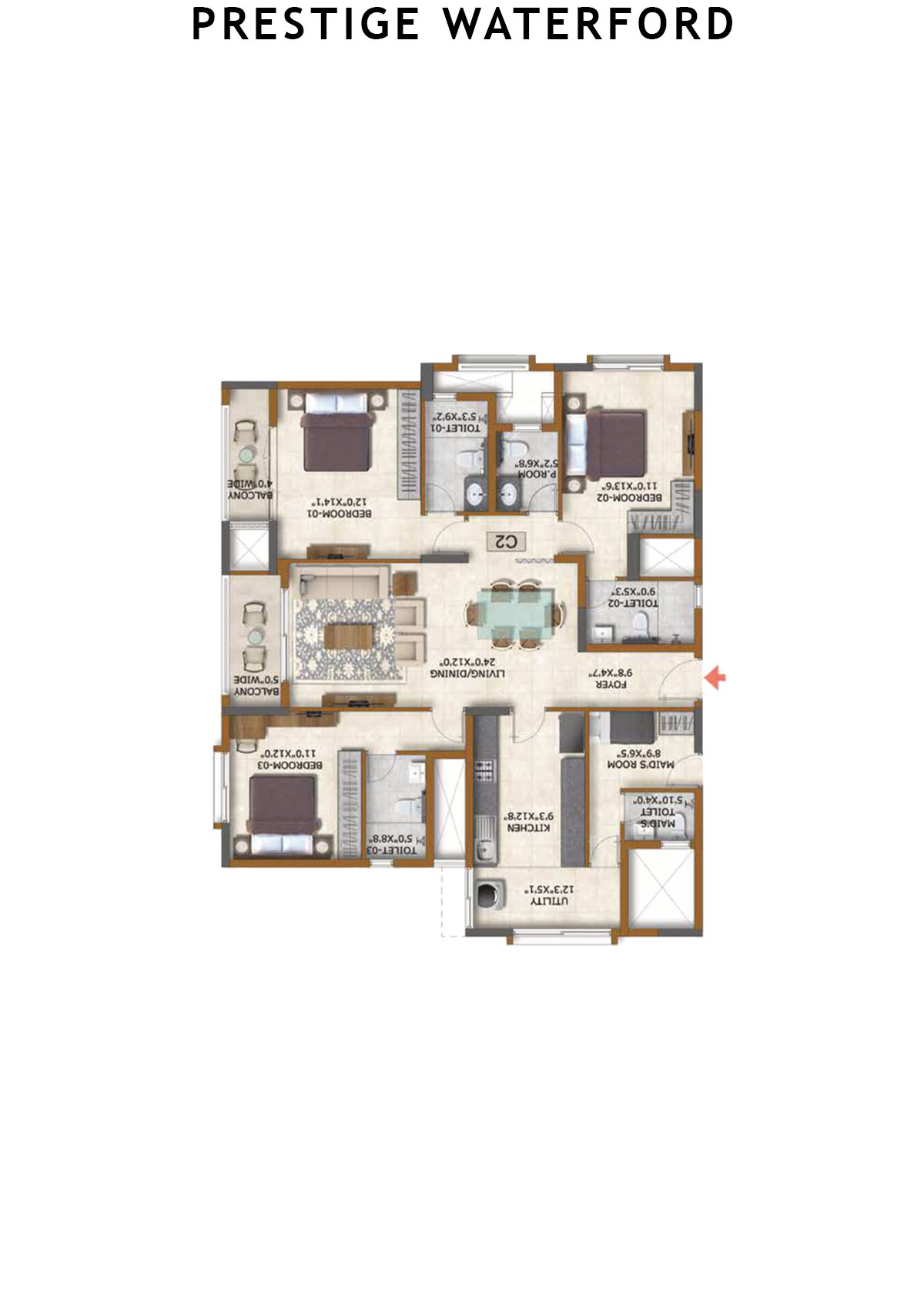Prestige Waterford Tower 3 Unit 1 (Type C2) Floor Plan