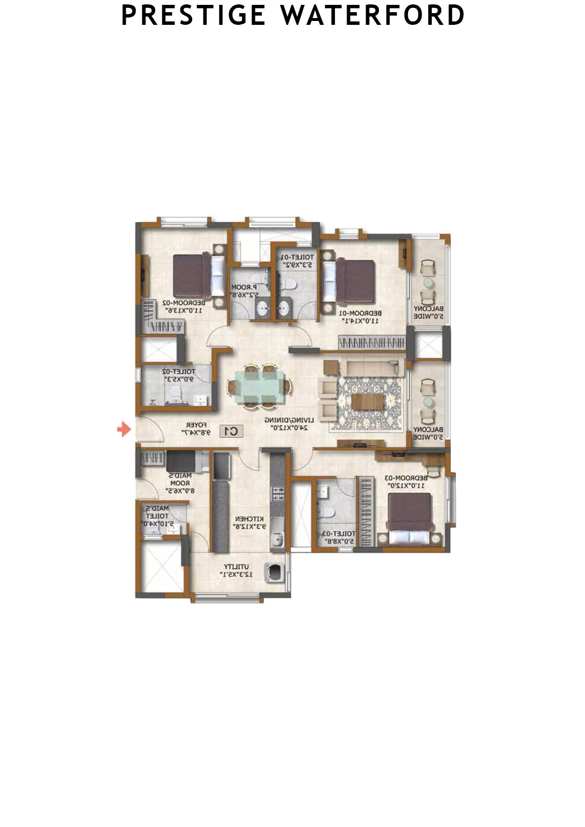 Prestige Waterford Tower 3 Unit 2 (Type C1) Floor Plan