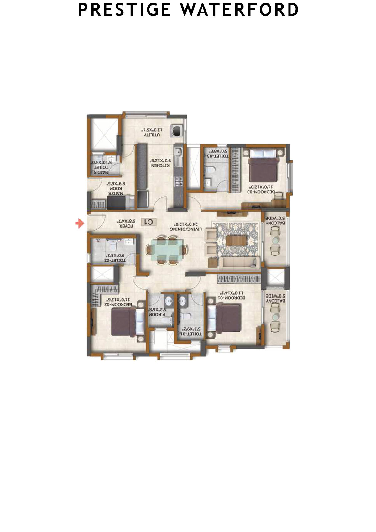 Prestige Waterford Tower 3 Unit 3 (Type C1) Floor Plan