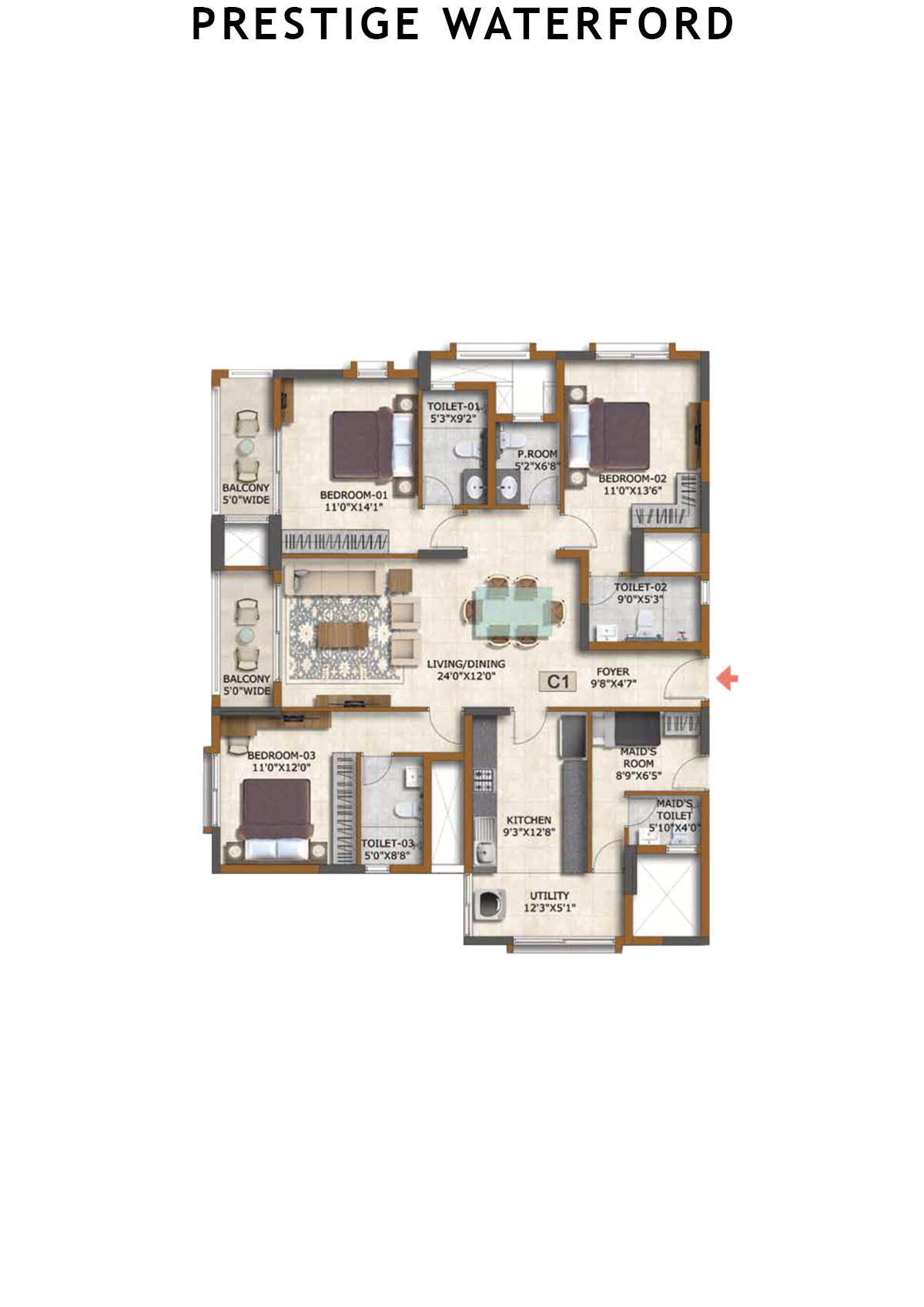 Prestige Waterford Tower 4 Unit 1 (Type C1) Floor Plan